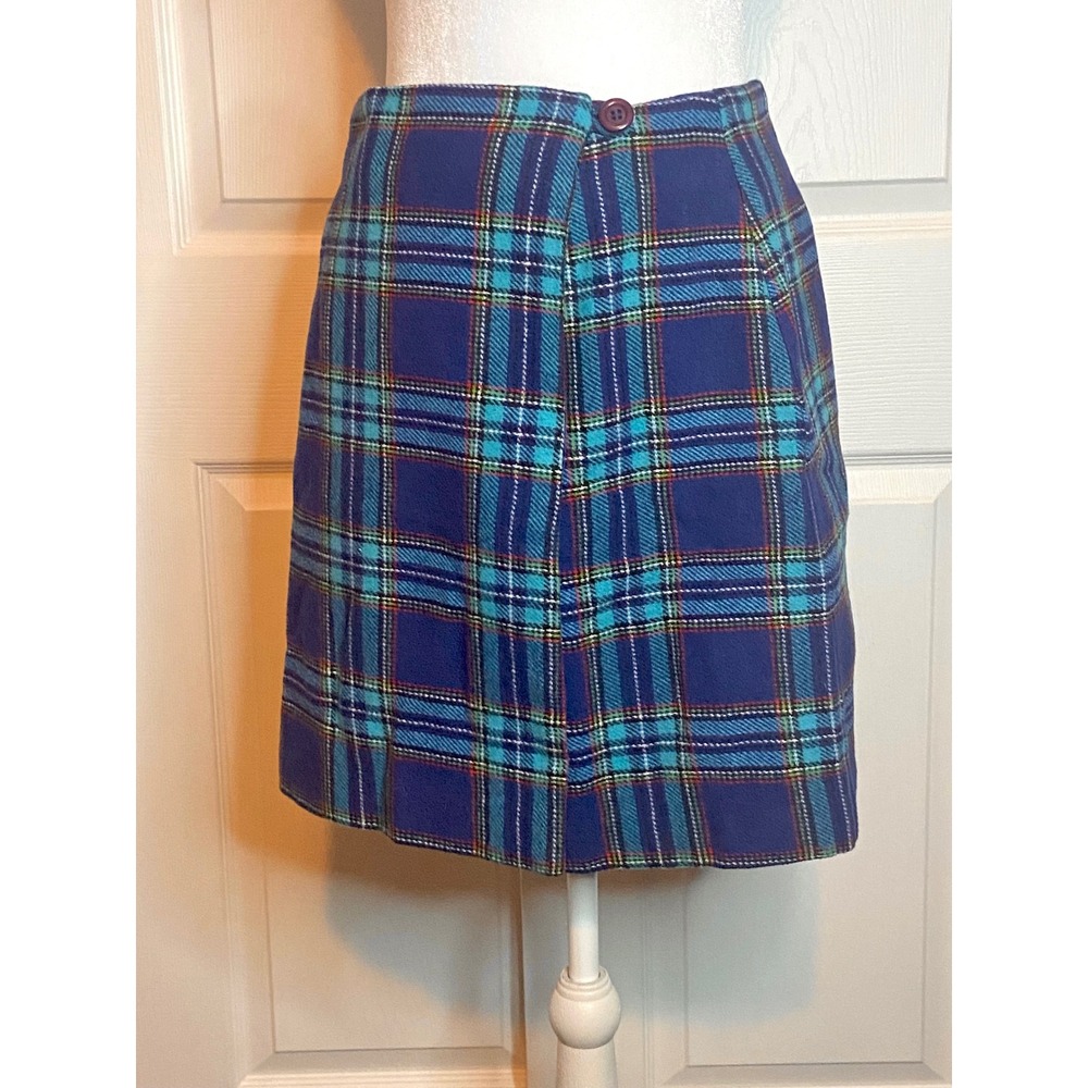 NY&CO Blue Plaid Wool Blend Mini Skirt Tartan A-Line Lined Vintage Made in USA